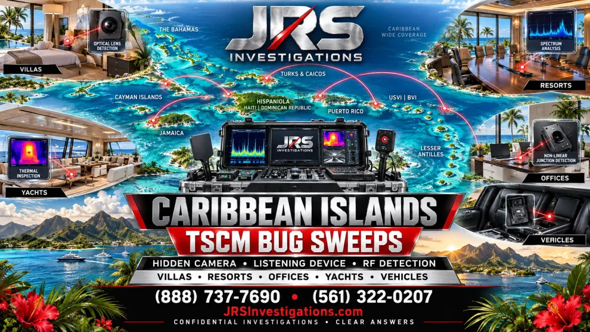 JRS Investigations Caribbean Islands TSCM bug sweep planning guide with regional map, villas, resorts, offices, yachts and vehicles