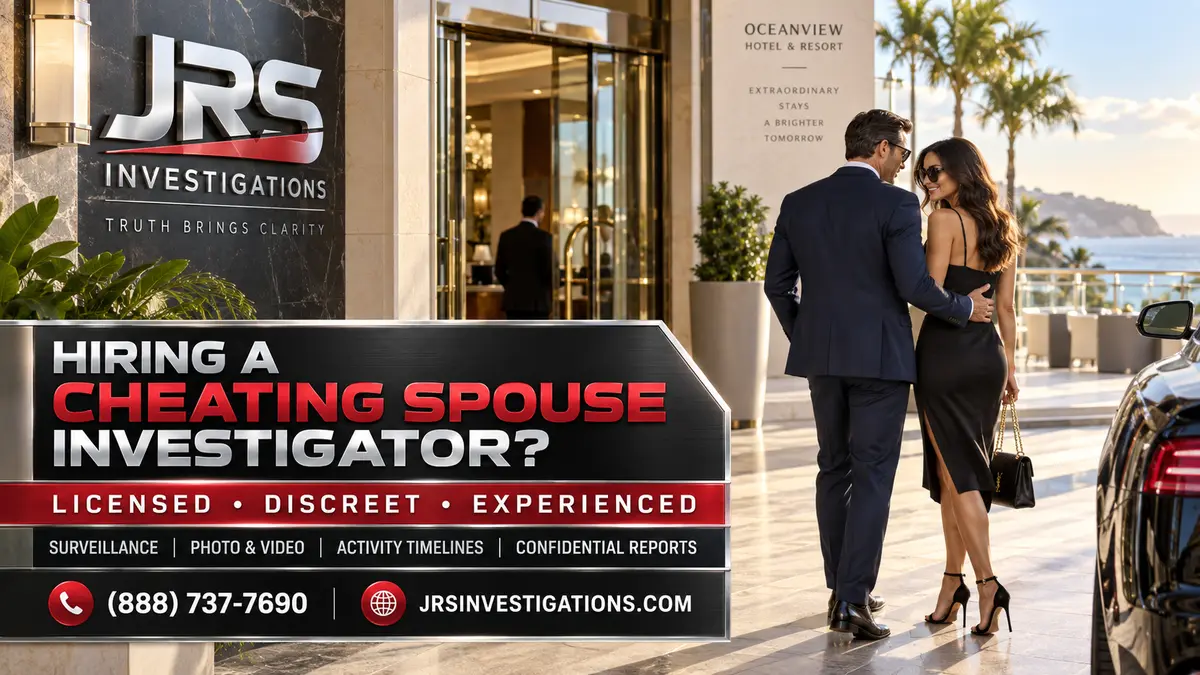 JRS Investigations guide to hiring a cheating spouse private investigator with discreet surveillance, photo and video documentation, activity timelines, and confidential reports