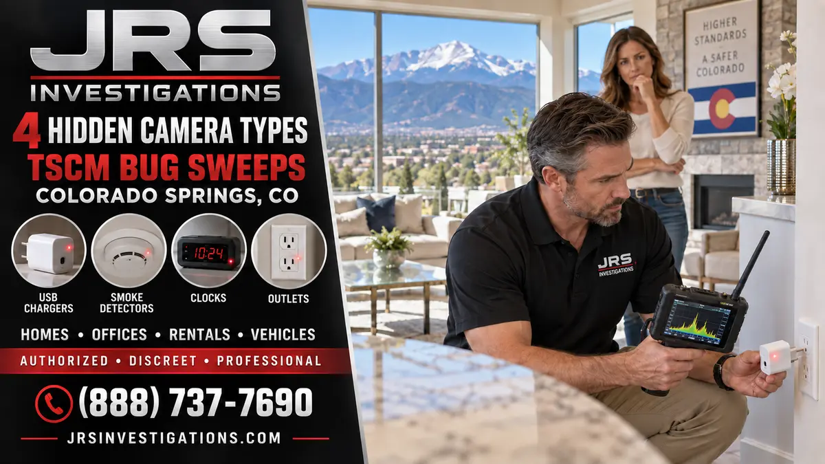 JRS Investigations TSCM bug sweep in Colorado Springs checking hidden cameras in USB chargers, smoke detectors, clocks, and outlets