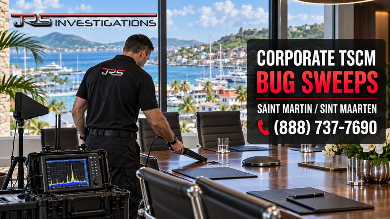 JRS investigator conducting a corporate TSCM bug sweep in Saint Martin and Sint Maarten
