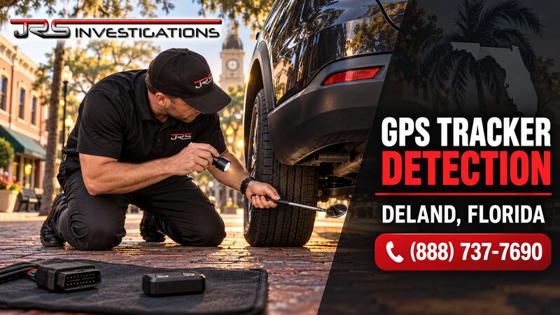 JRS investigator inspecting a vehicle for a hidden GPS tracker in DeLand, Florida
