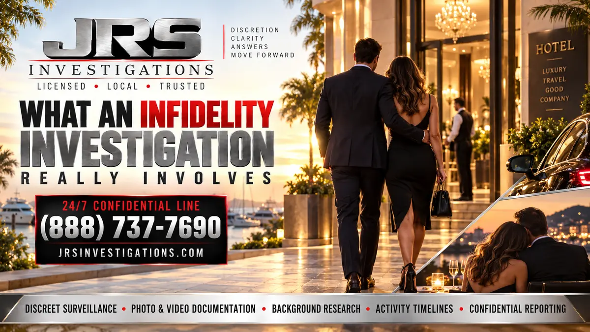 JRS Investigations infidelity investigation services including discreet surveillance, photo and video documentation, background research, activity timelines, and confidential reporting