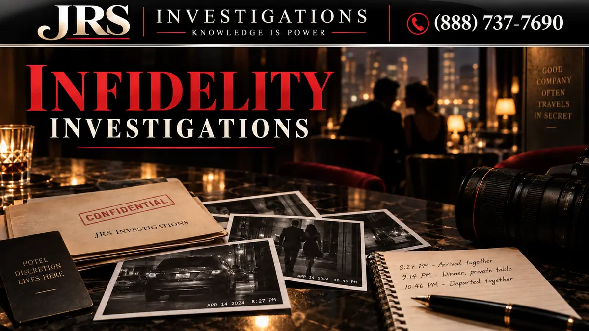 JRS Investigations infidelity investigation artwork with branded header, silhouetted couple, and documented surveillance evidence