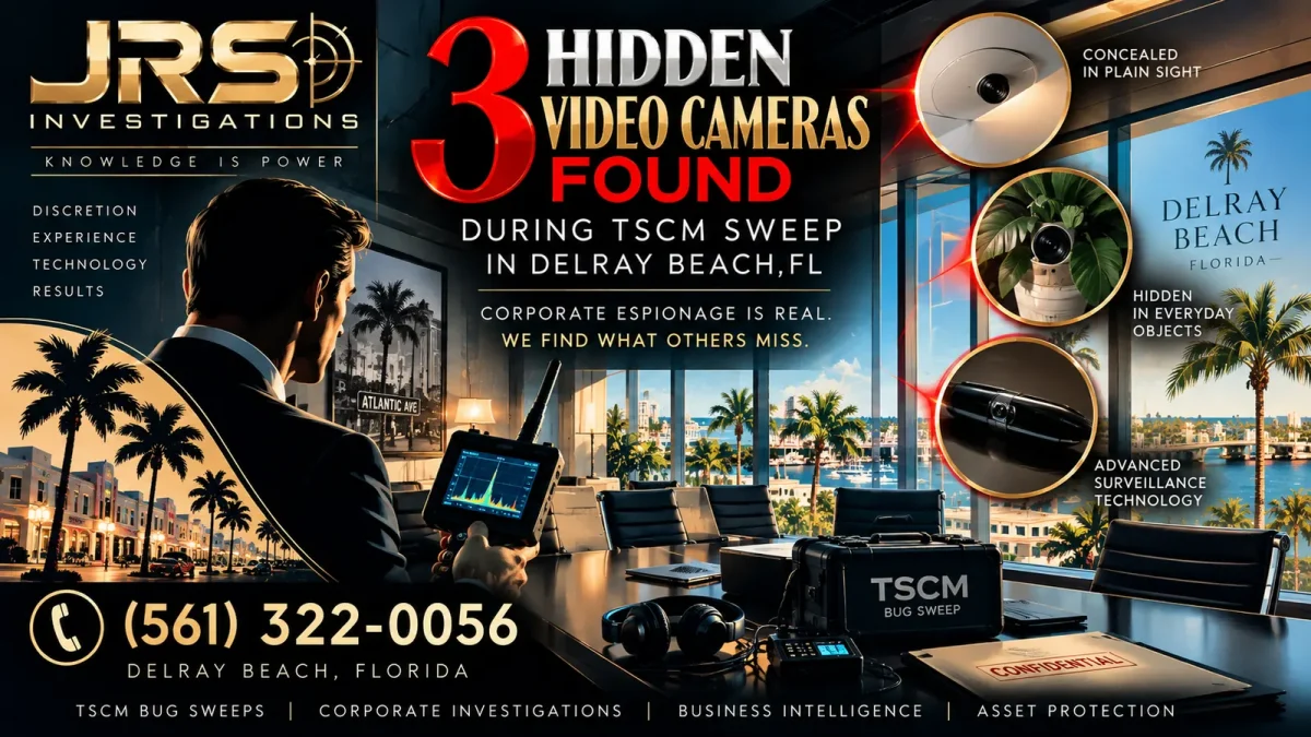 Three hidden cameras found during JRS Investigations TSCM bug sweep in Delray Beach Florida