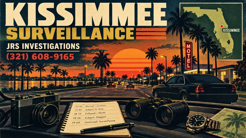 1970s retro surveillance investigation illustration for Kissimmee Florida by JRS Investigations
