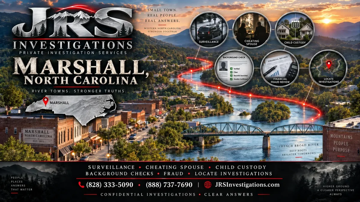 JRS Investigations private investigator services in Marshall North Carolina with Blue Ridge Mountains and location map