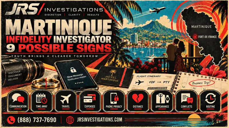 Martinique infidelity investigator graphic showing nine possible signs, a discreet adult couple and Fort-de-France