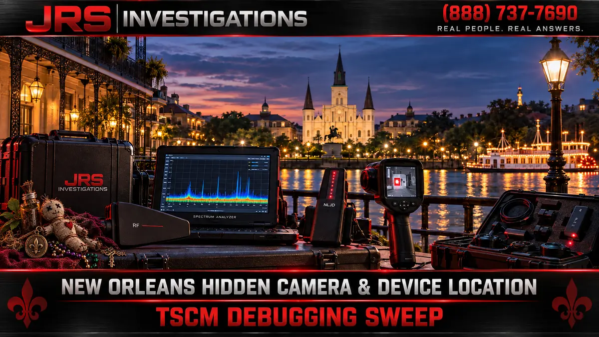 JRS Investigations New Orleans TSCM debugging sweep equipment with riverboat and subtle voodoo charm