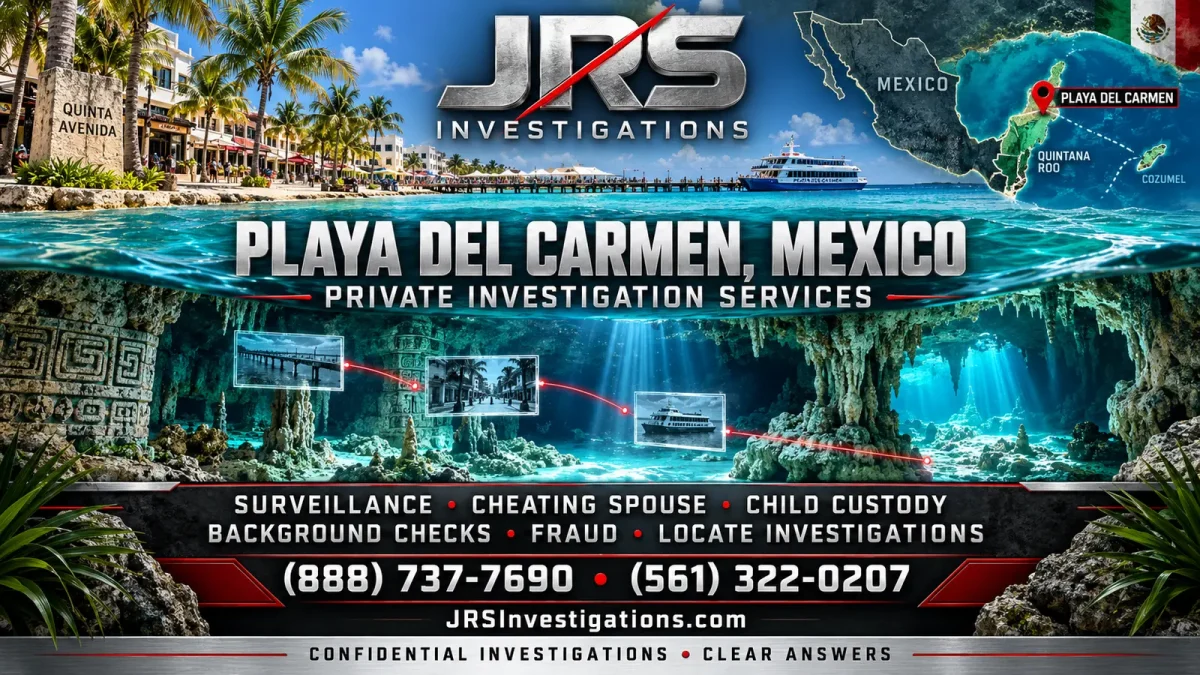JRS Investigations private investigator hiring guide for Playa del Carmen, Mexico, with Caribbean shoreline, cenote and location map