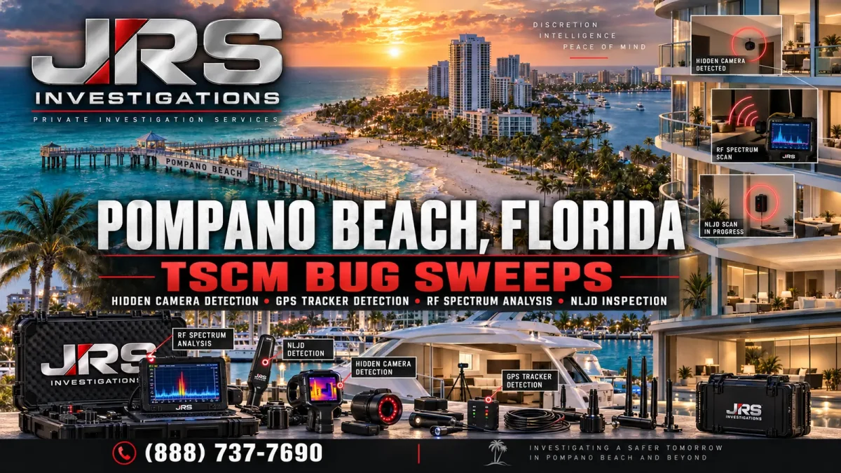 JRS Investigations Pompano Beach Florida TSCM bug sweep equipment for hidden camera, GPS tracker, RF spectrum and NLJD detection