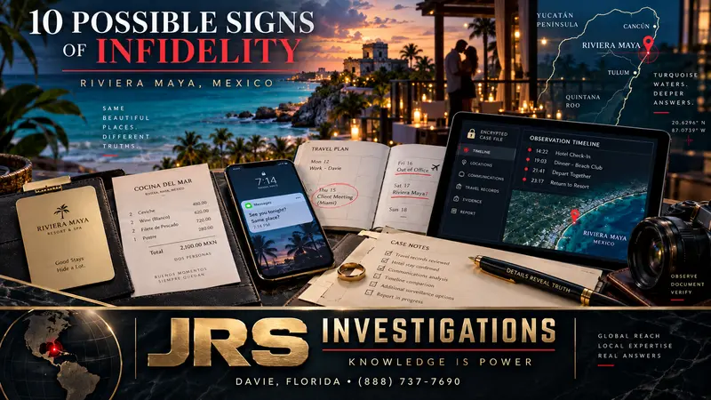 Riviera Maya infidelity investigation planning with coastal resort setting and investigative equipment