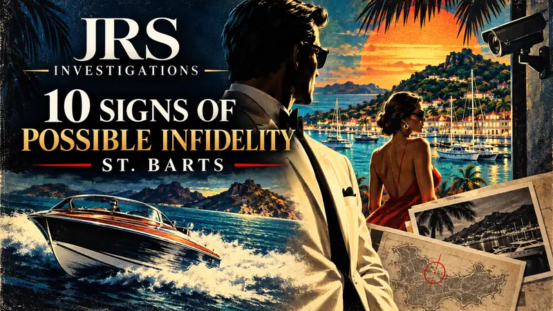 1970s spy-thriller artwork for a St. Barts infidelity investigation by JRS Investigations