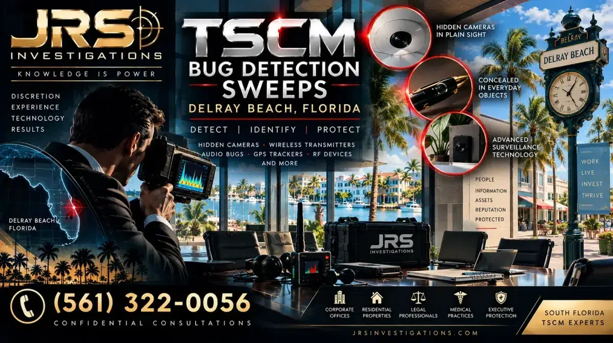 JRS Investigations TSCM bug detection sweep in Delray Beach Florida using professional equipment to detect hidden cameras and electronic surveillance devices