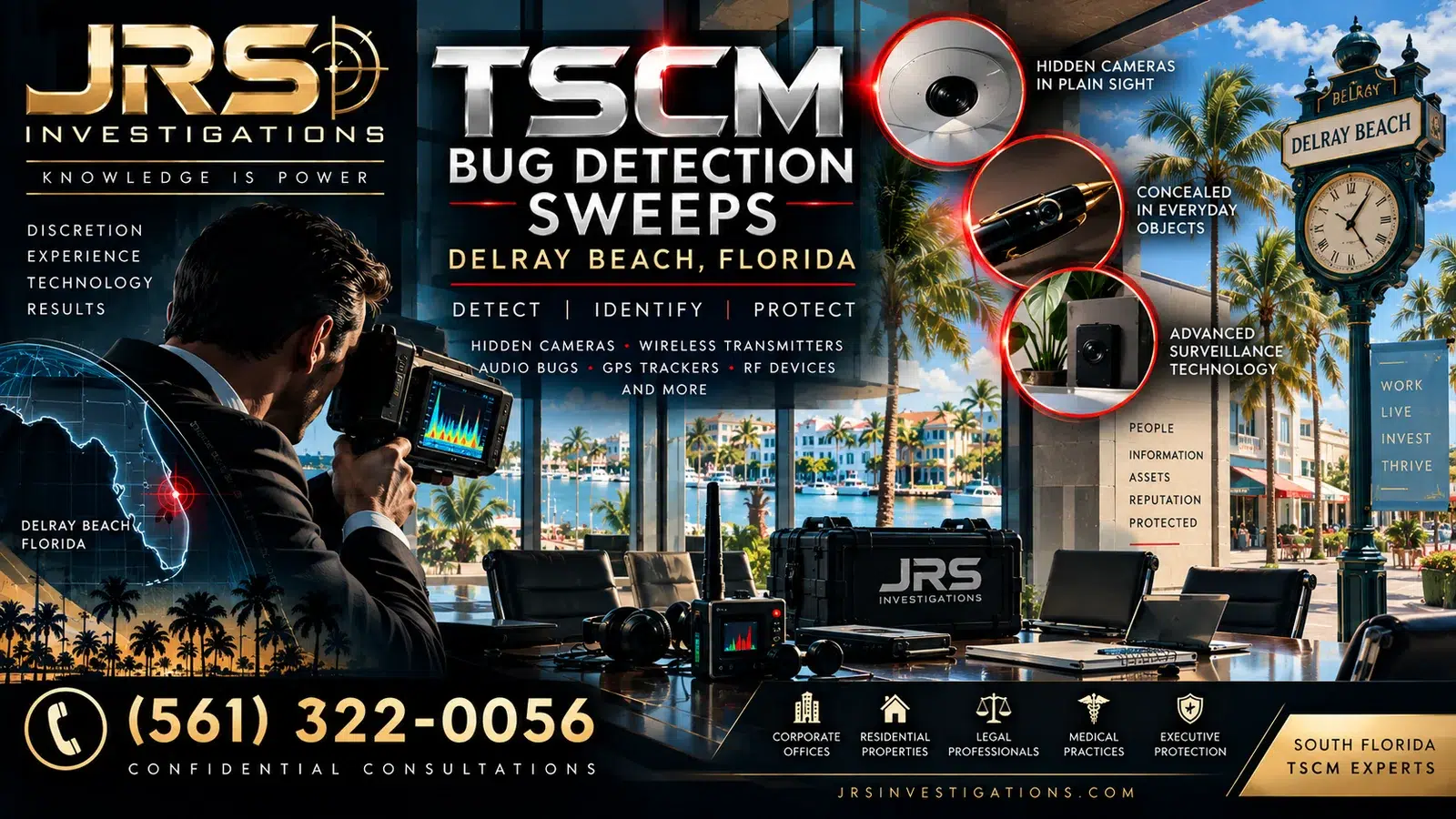 JRS Investigations TSCM bug detection sweep in Delray Beach Florida using professional equipment to detect hidden cameras and electronic surveillance devices