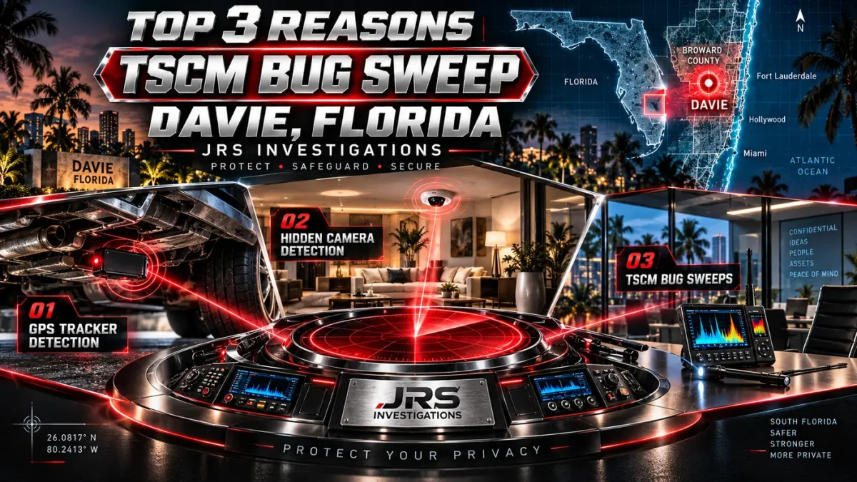 JRS Investigations Davie Florida TSCM bug sweep for GPS tracker, hidden camera, and office surveillance detection