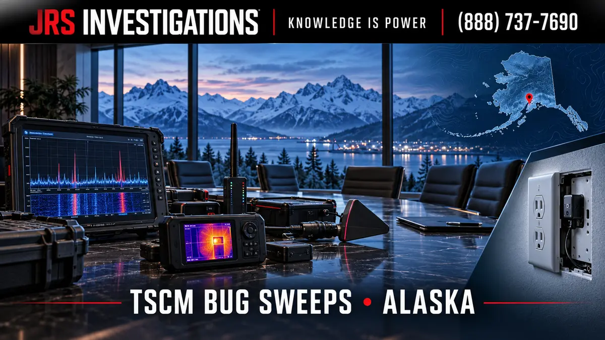 JRS Investigations Alaska TSCM bug sweep artwork with RF analysis equipment, thermal imaging, Alaska map, and hidden device inspection