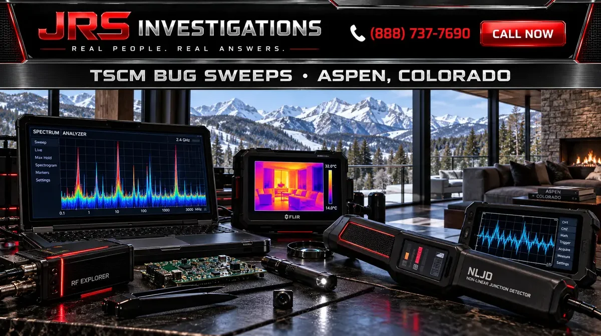 JRS Investigations Aspen TSCM command center with RF spectrum analysis, thermal imaging, detection equipment, and snow-covered Colorado mountains