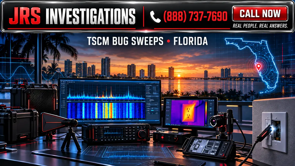 JRS Investigations Florida TSCM command center with homepage-branded header, RF spectrum analysis, thermal imaging, Florida map, and concealed device inspection