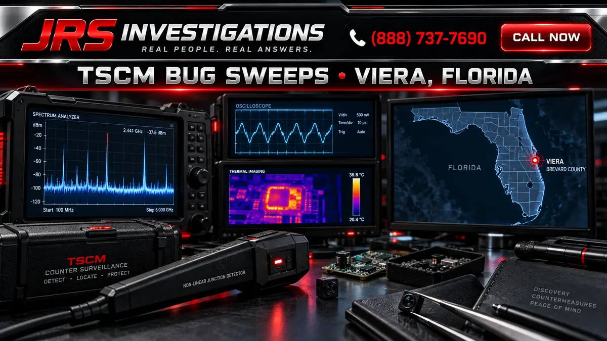 JRS Investigations Viera TSCM command center with RF spectrum analysis, thermal imaging, Florida map, and concealed-device inspection equipment