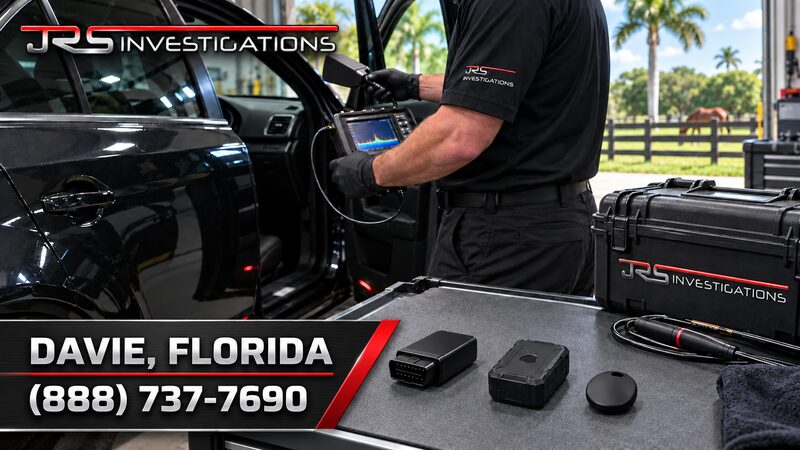 JRS investigator conducting a vehicle TSCM GPS tracker sweep in Davie, Florida
