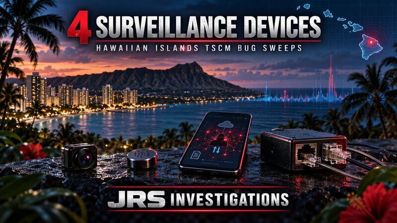 JRS Investigations Hawaiian Islands TSCM bug sweep showing four common surveillance devices