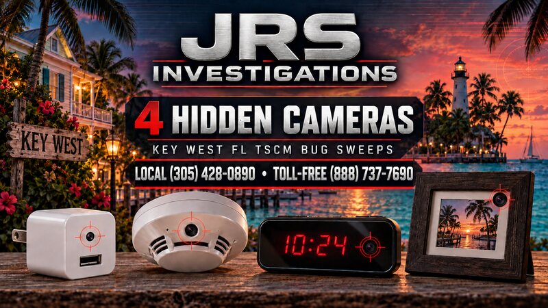 JRS Investigations Key West Florida TSCM sweep showing four hidden-camera disguises