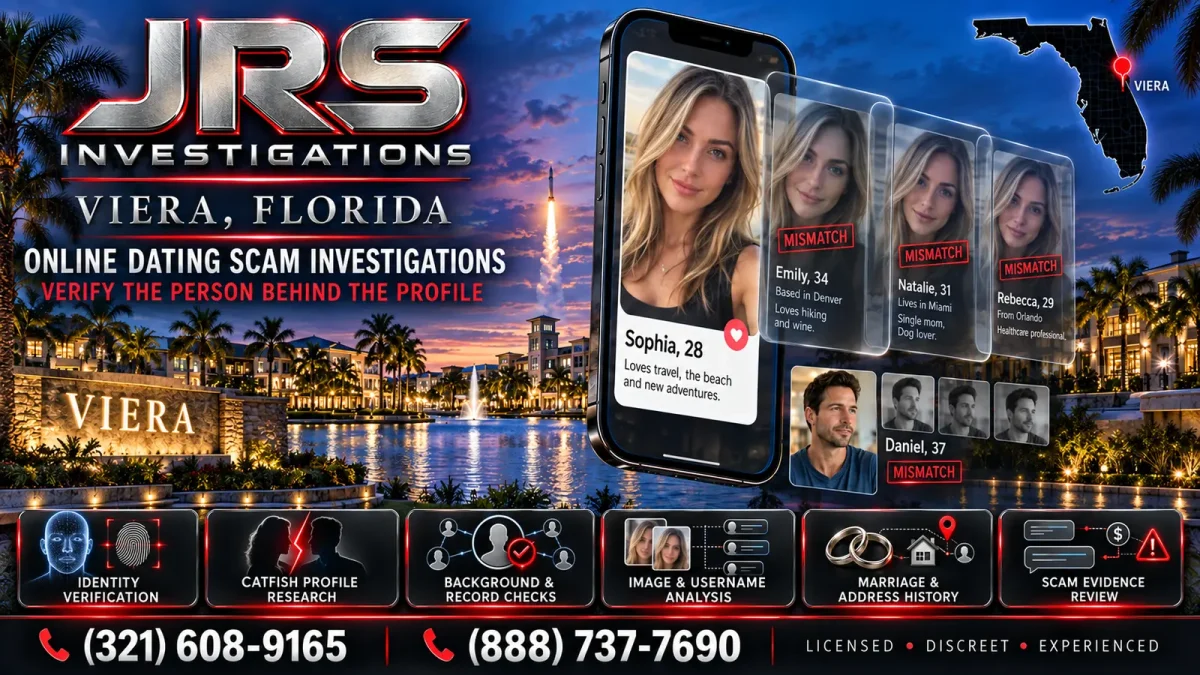 JRS Viera online dating scam investigator artwork showing catfish profile mismatches, identity verification, background checks and scam evidence review