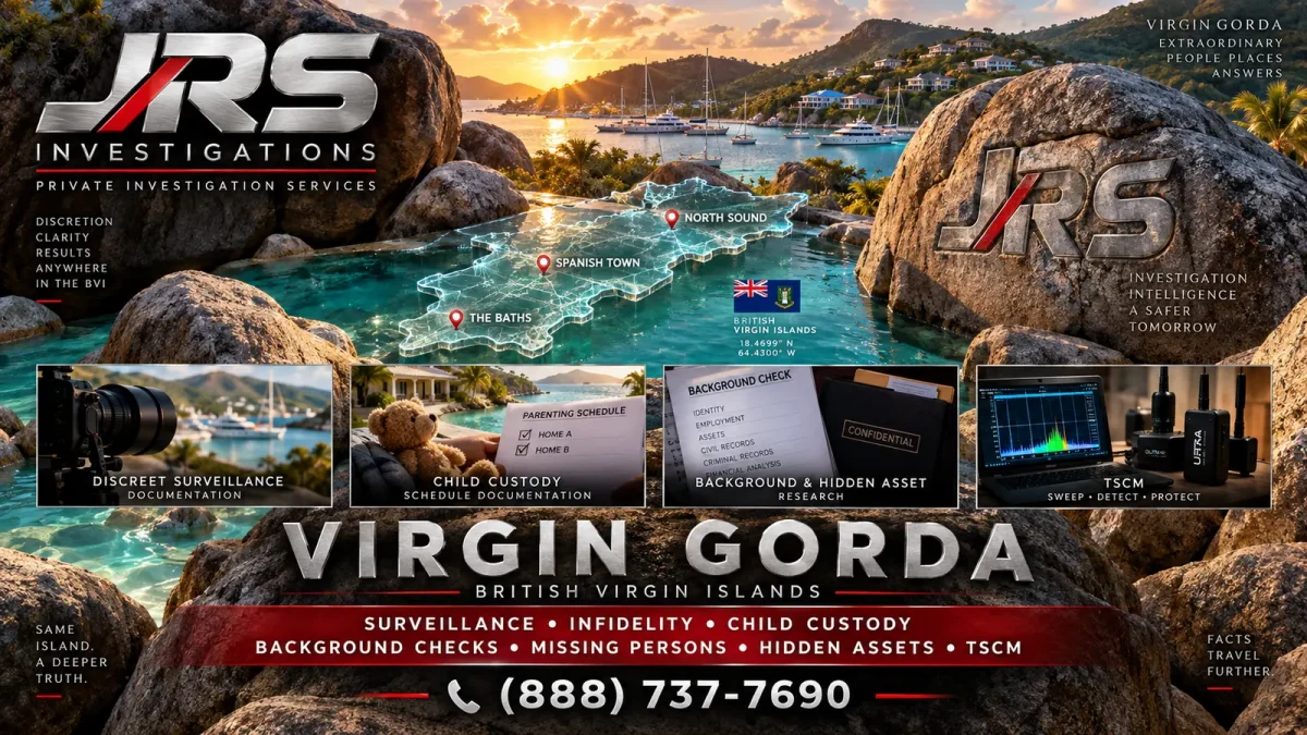 JRS Investigations Virgin Gorda British Virgin Islands private investigator services at The Baths with surveillance, custody, backgrounds, missing persons, hidden assets and TSCM