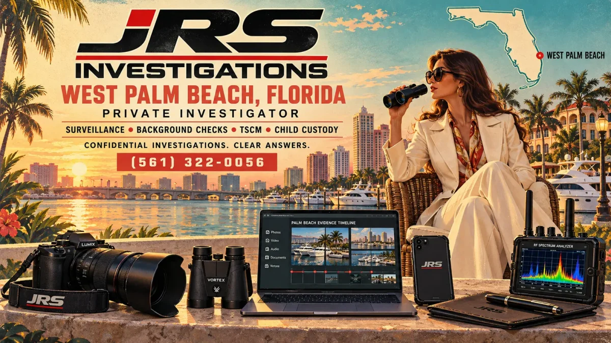 JRS Investigations private investigator in West Palm Beach with surveillance camera, binoculars, secure laptop and RF spectrum analyzer