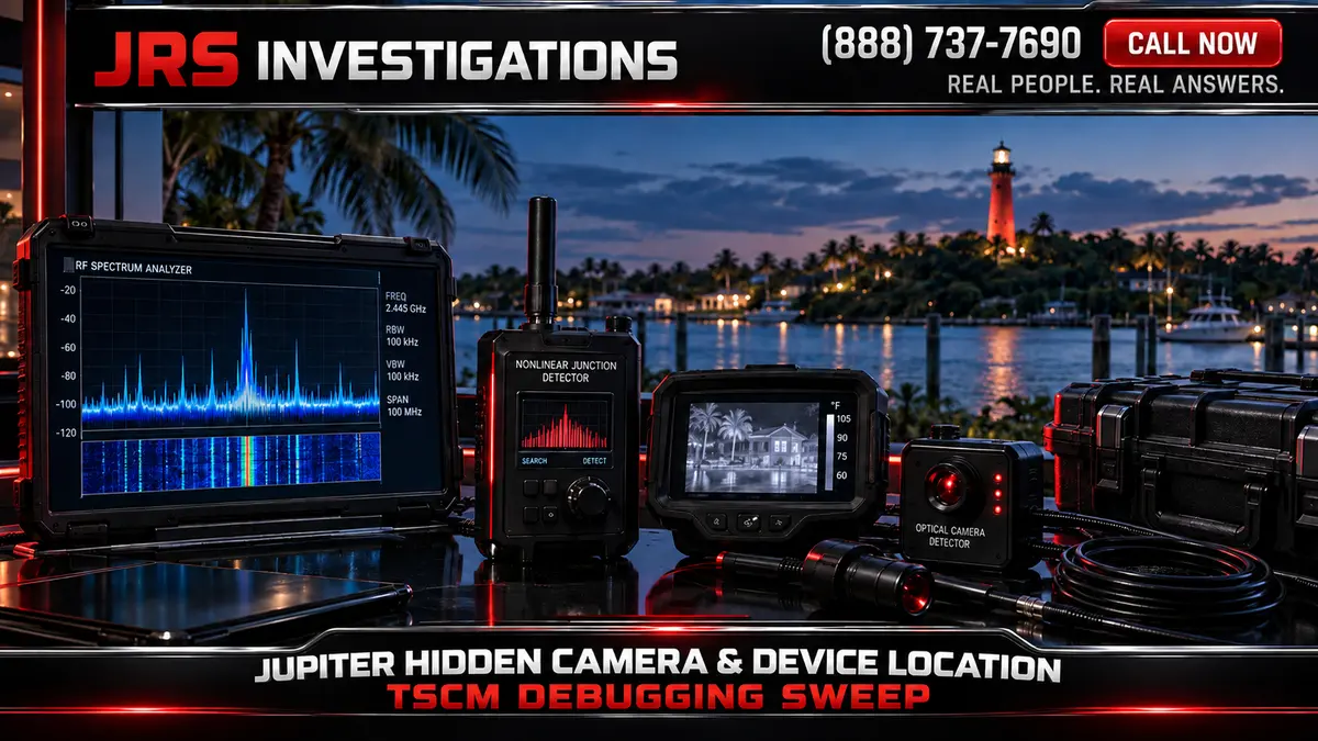 JRS Investigations Jupiter hidden camera and device location TSCM debugging sweep equipment with RF analyzer, NLJD, thermal imaging, and Jupiter Lighthouse