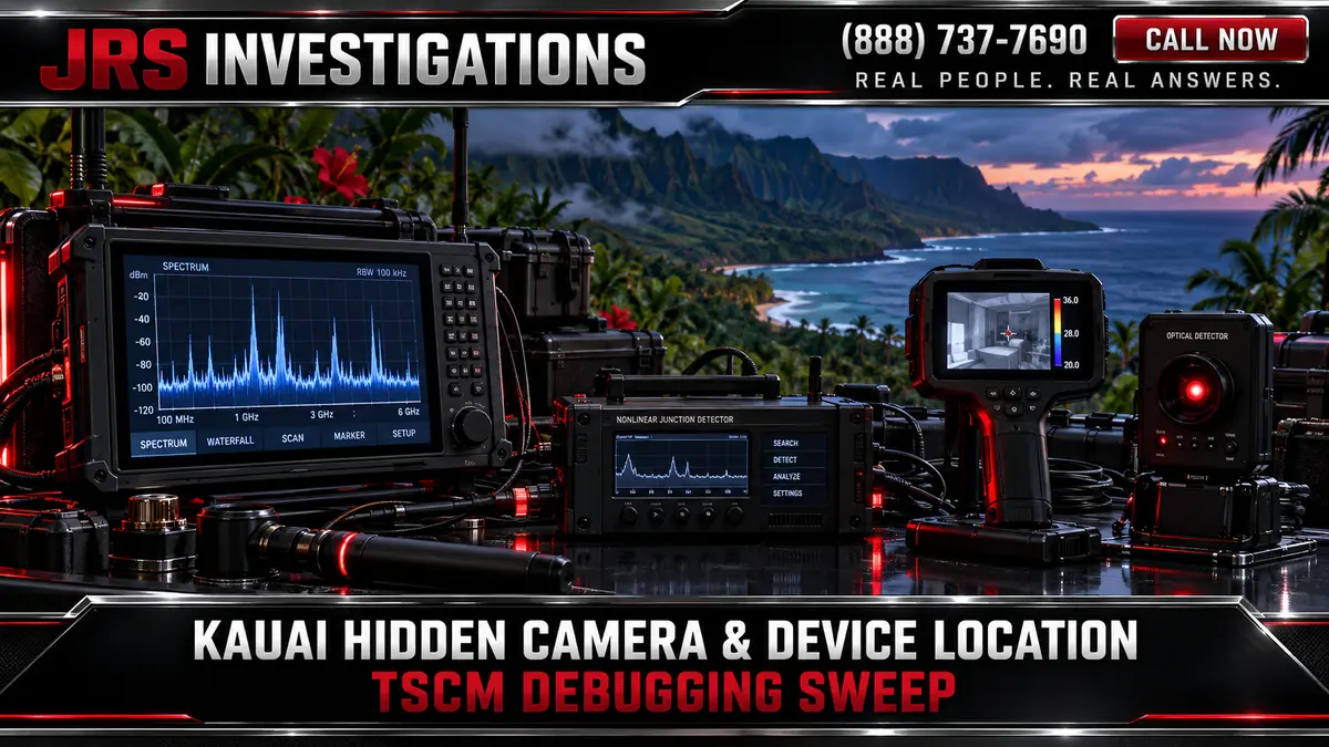 JRS Investigations Kauai hidden camera and device location TSCM debugging sweep equipment with RF analyzer, NLJD, thermal imaging, and Kauai coastline
