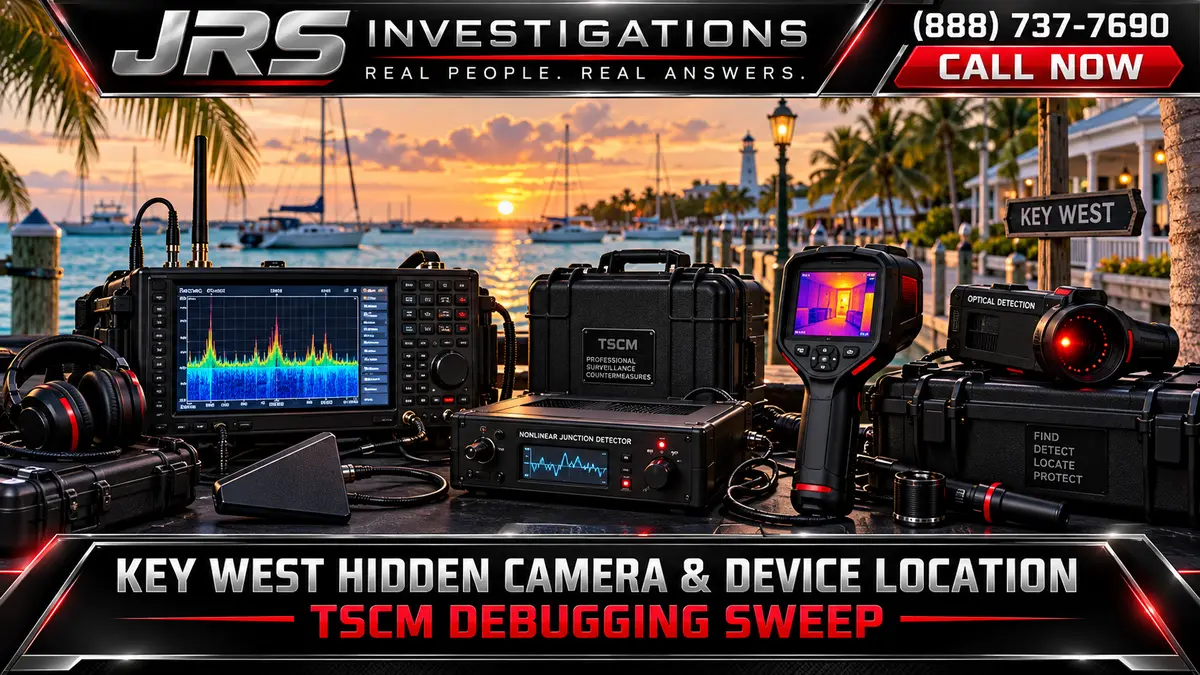 JRS Investigations Key West hidden camera and device location TSCM debugging sweep equipment with RF analyzer, NLJD, thermal imaging, optical detector, and Key West marina