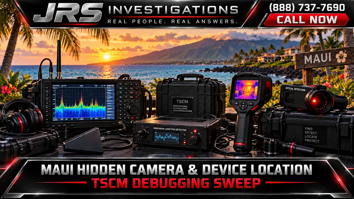 JRS Investigations Maui hidden camera and device location TSCM debugging sweep equipment with RF analyzer, NLJD, thermal imaging, optical detector, and Maui coastline