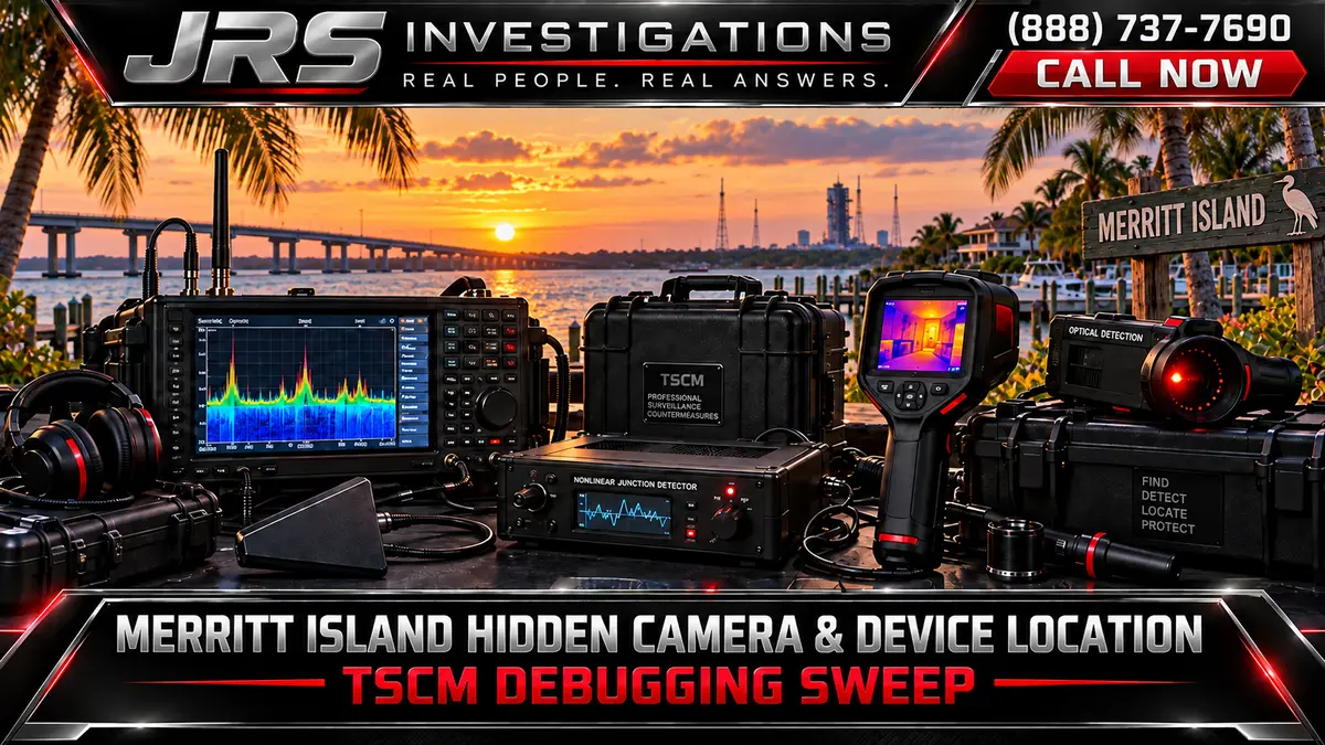 JRS Investigations Merritt Island hidden camera and device location TSCM debugging sweep equipment with RF analyzer, NLJD, thermal imaging, optical detector, and Space Coast waterfront