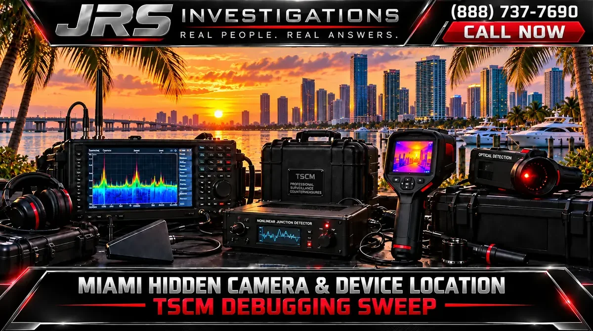 JRS Investigations Miami hidden camera and device location TSCM debugging sweep equipment with RF analyzer, NLJD, thermal imaging, optical detector, and Miami waterfront skyline