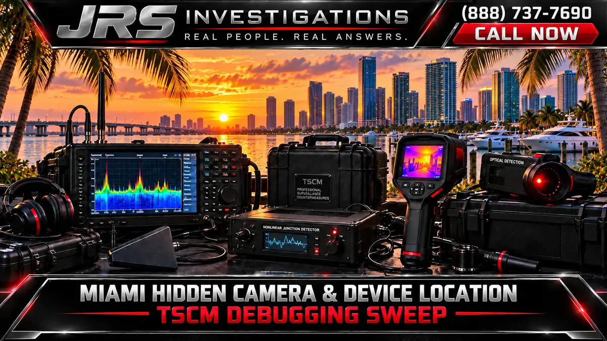 JRS Investigations Miami hidden camera and device location TSCM debugging sweep equipment with RF analyzer, NLJD, thermal imaging, optical detector, and Miami waterfront skyline