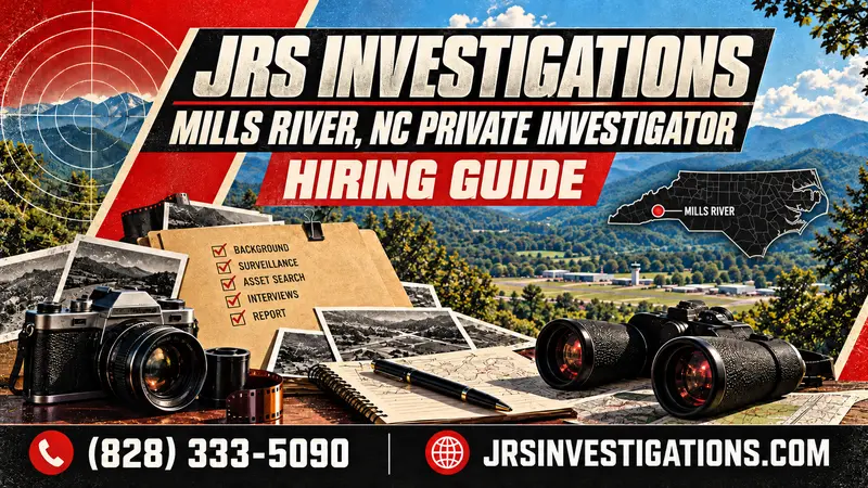 Mills River NC private investigator hiring guide with Blue Ridge Mountains, investigation tools and a Mills River location marker