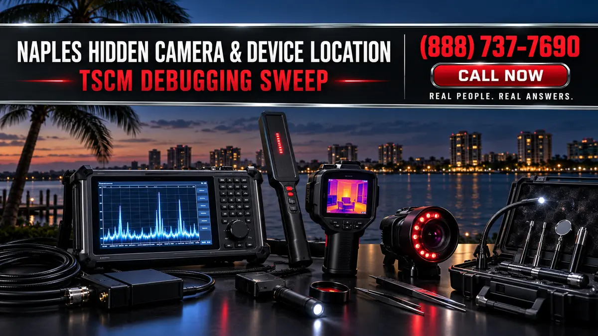 JRS Investigations Naples hidden camera and device location TSCM debugging sweep equipment with RF analyzer, NLJD, thermal imaging, optical detector, palm tree, and Naples waterfront skyline