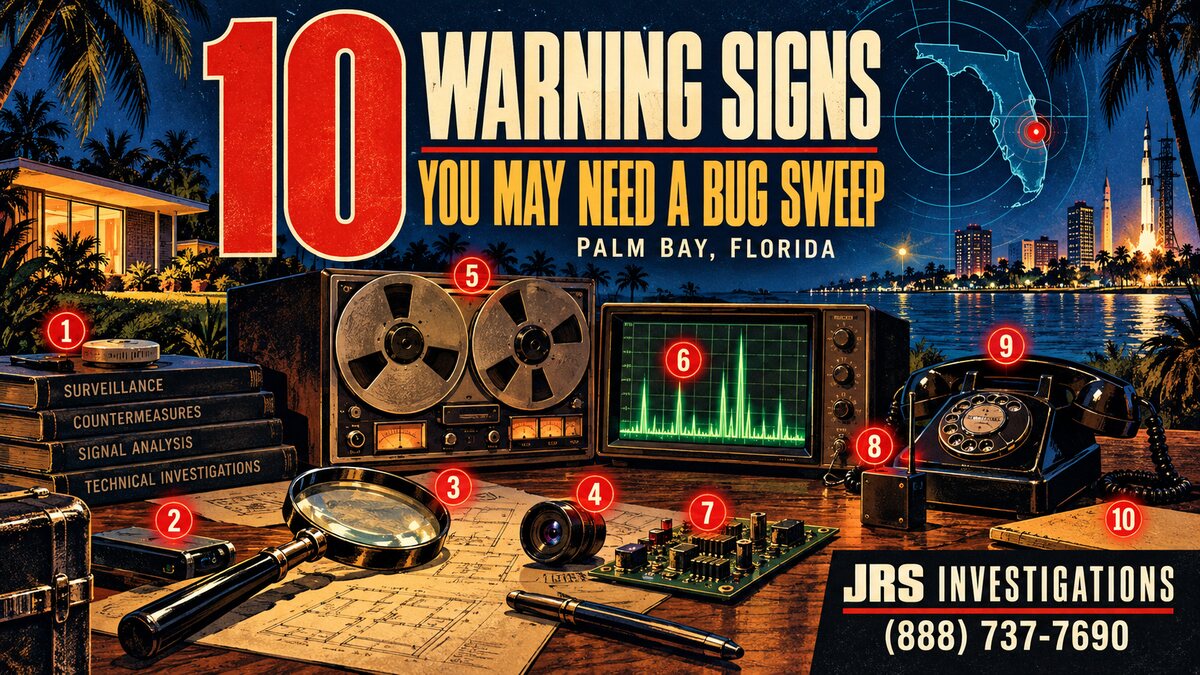 1970s-style JRS artwork showing 10 warning signs that may justify a bug sweep in Palm Bay, Florida