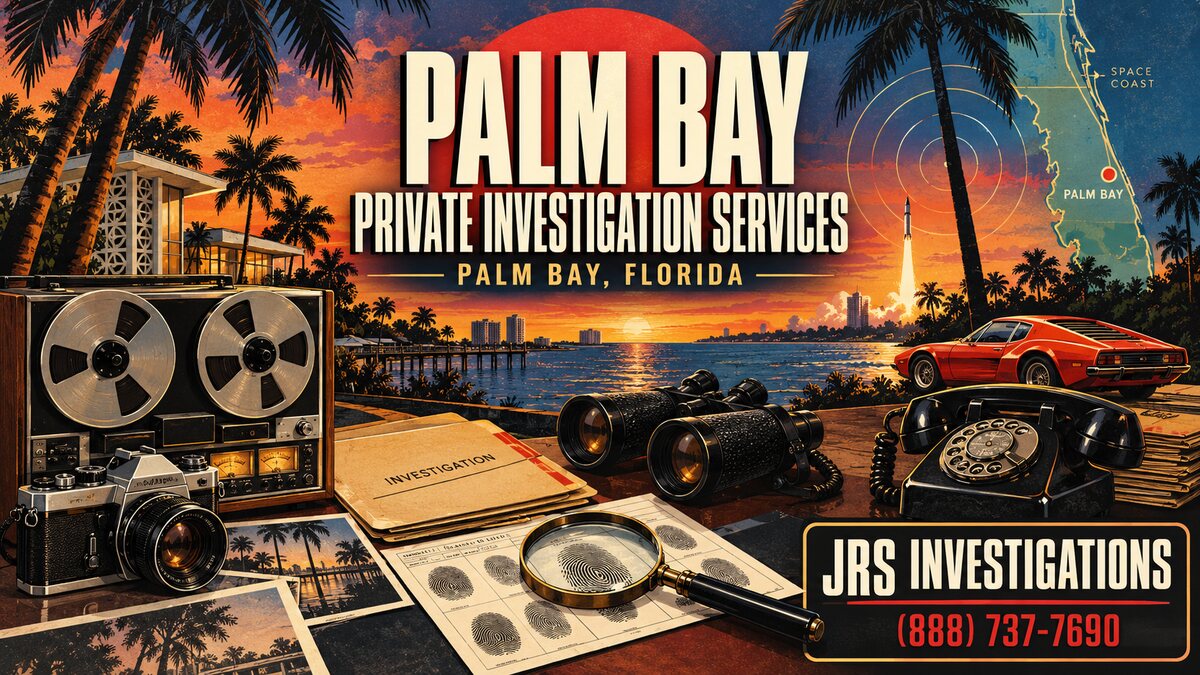 1970s-style JRS artwork for private investigation services in Palm Bay, Florida