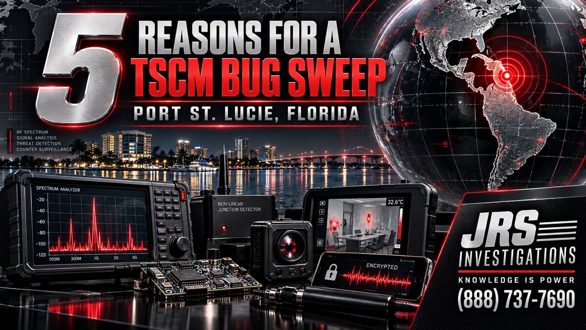 Modern JRS artwork showing five reasons for a TSCM bug sweep in Port St. Lucie, Florida