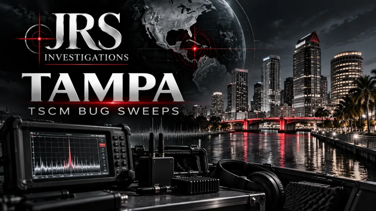 Modern JRS Investigations Tampa TSCM bug-sweep technology and downtown skyline