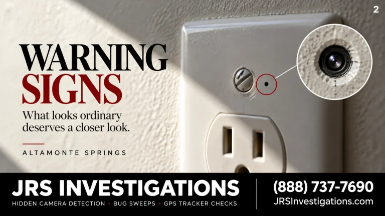 Illustration of a concealed camera lens in a wall outlet for JRS Investigations Altamonte Springs TSCM bug sweeps.