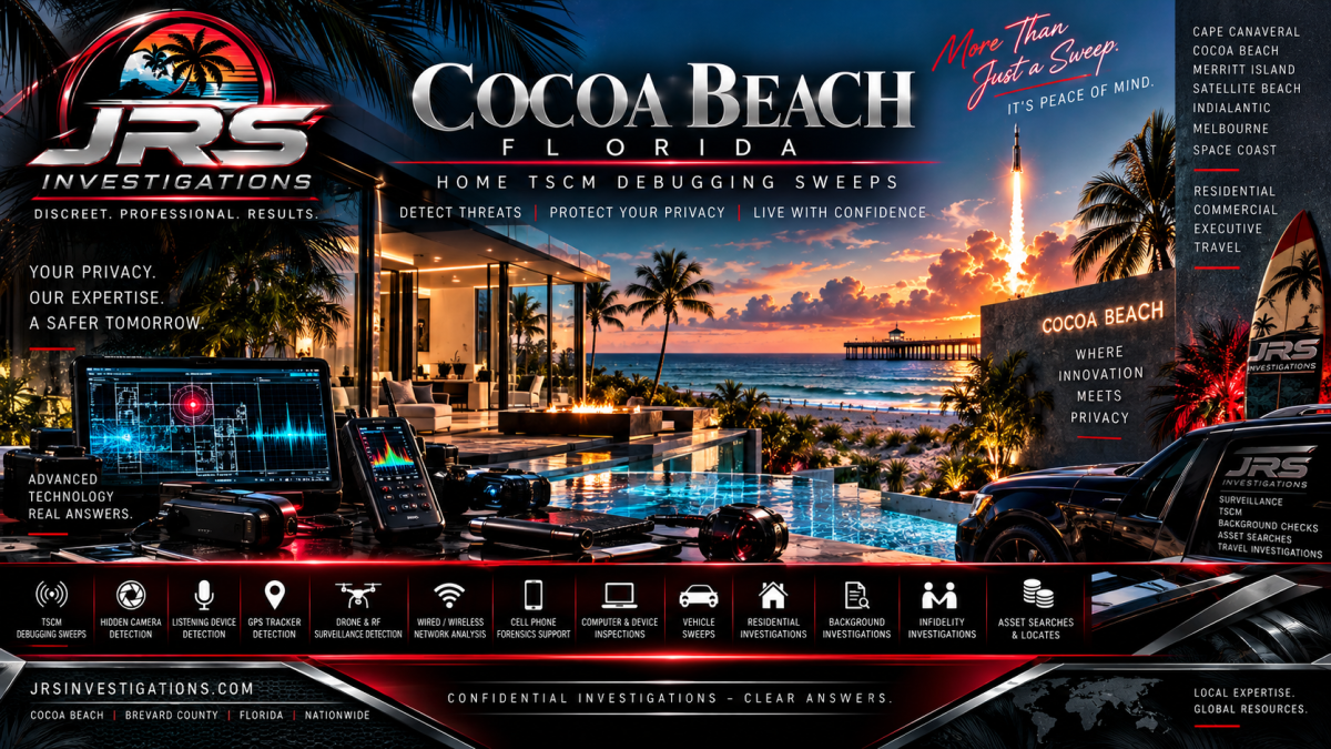 JRS Investigations home TSCM debugging sweep in Cocoa Beach Florida for hidden cameras listening devices GPS trackers and surveillance threats