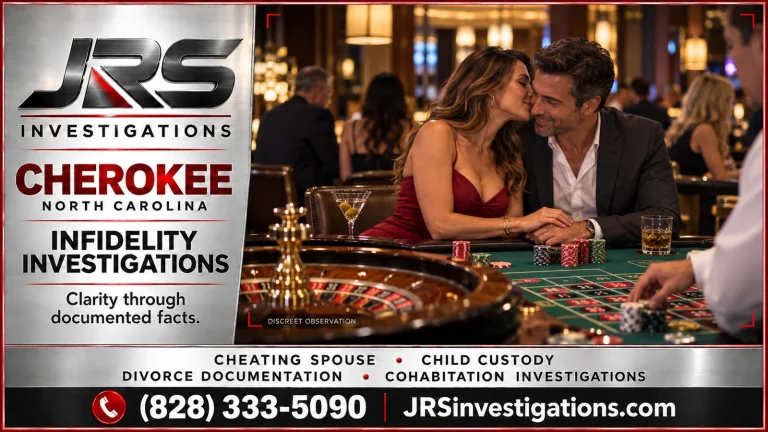 JRS Investigations Cherokee infidelity services artwork depicting a fictional couple at a casino roulette table