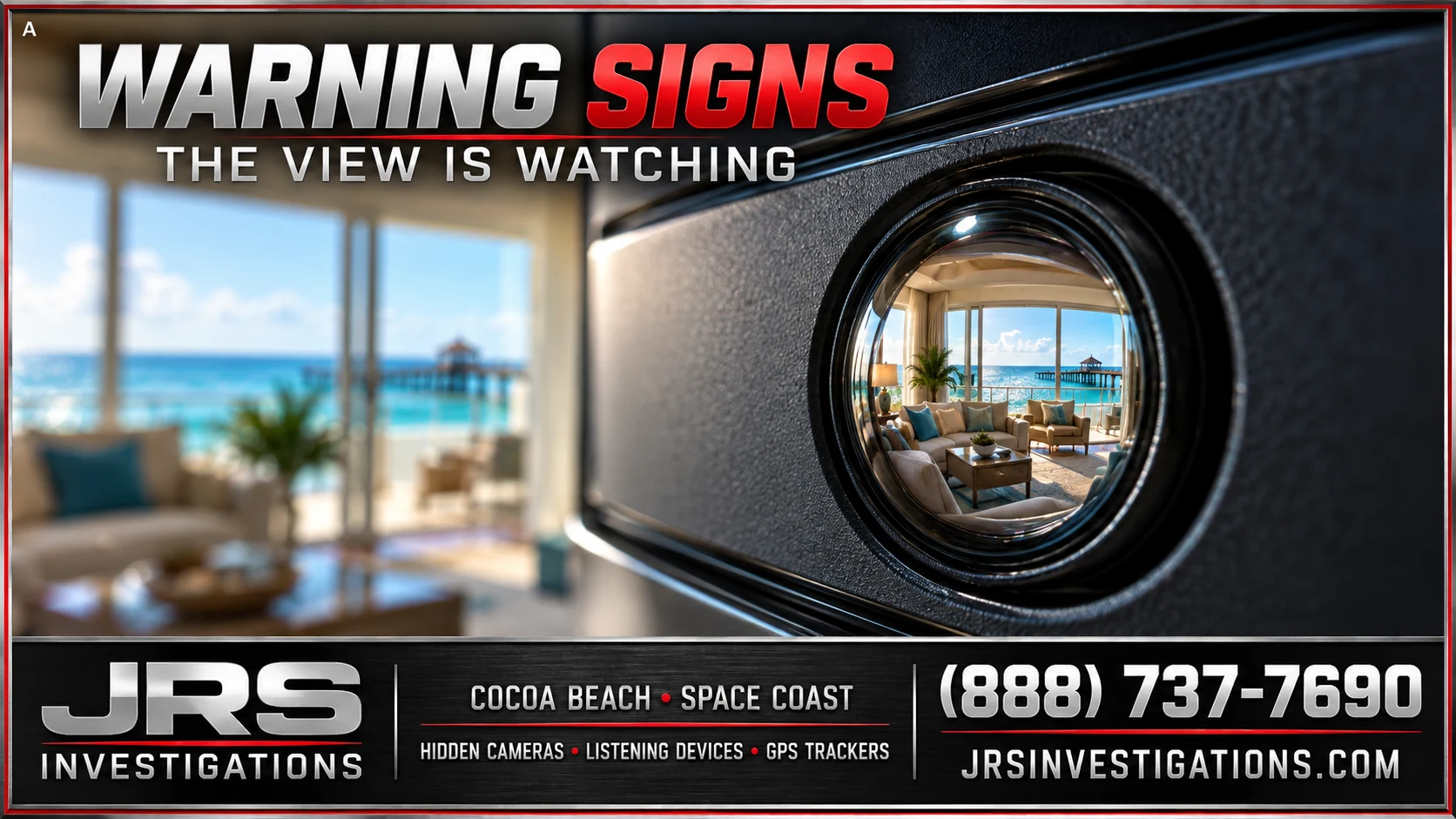 Illustrative Cocoa Beach oceanfront room reflected in a concealed camera lens — warning signs of hidden surveillance, JRS Investigations