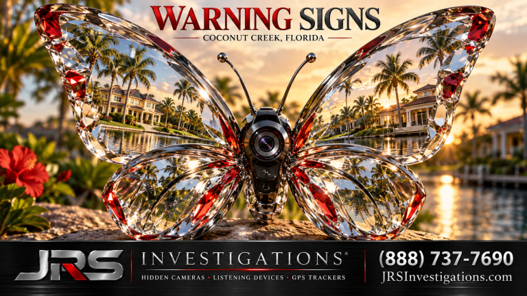 Conceptual glass butterfly with hidden camera lens and Coconut Creek reflections illustrating surveillance warning signs — JRS Investigations