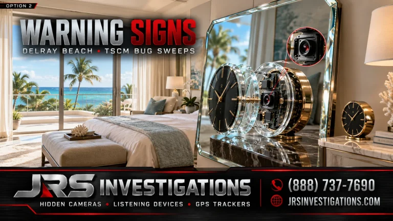 Delray Beach warning signs illustration of a hidden camera inside a clock revealed in a mirror