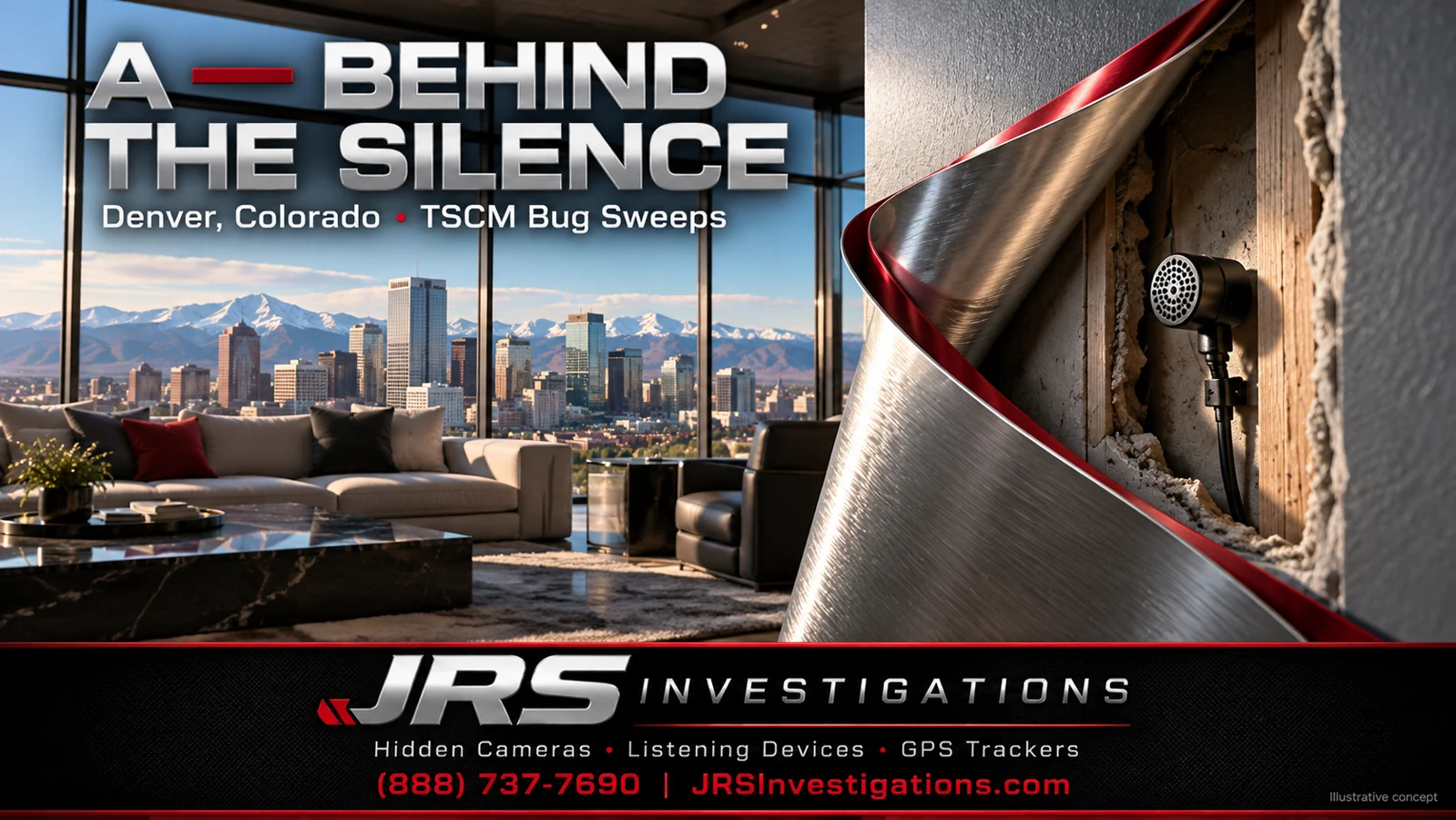 Illustrative peeled wall revealing a concealed microphone in a Denver interior — JRS Investigations TSCM bug sweeps