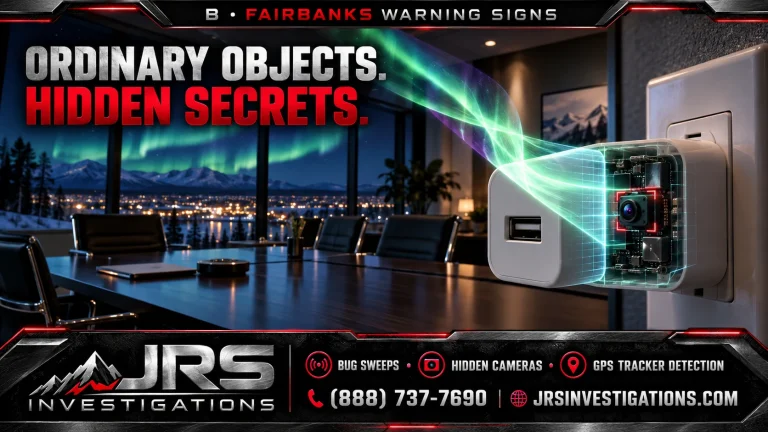 Illustration of aurora light revealing a hidden camera inside a USB charger, Fairbanks Alaska TSCM warning signs by JRS Investigations